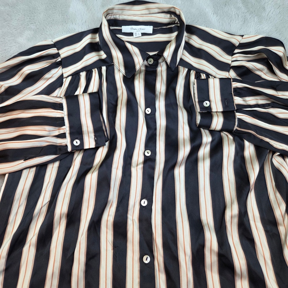 Haver + Blair Striped Button Down Blouse Women Large Black Cream Tan